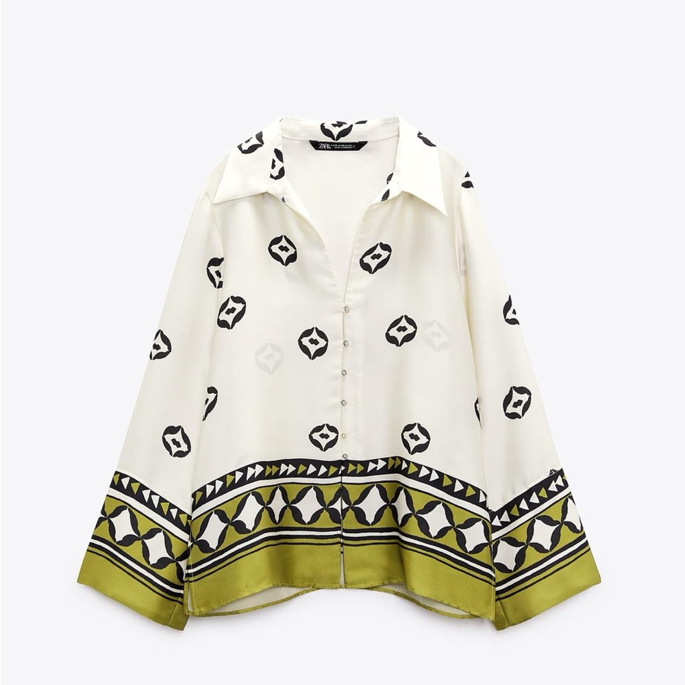 White and Green Patterned Zara Button-Up Shirt - Size L
